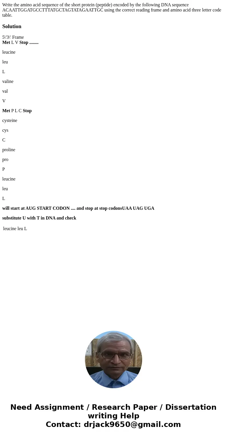  Write the amino acid sequence of the short protein (peptide) encoded by the following DNA sequence ACAATTGGATGCCTTTATGCTAGTATAGAATTGC using the correct reading