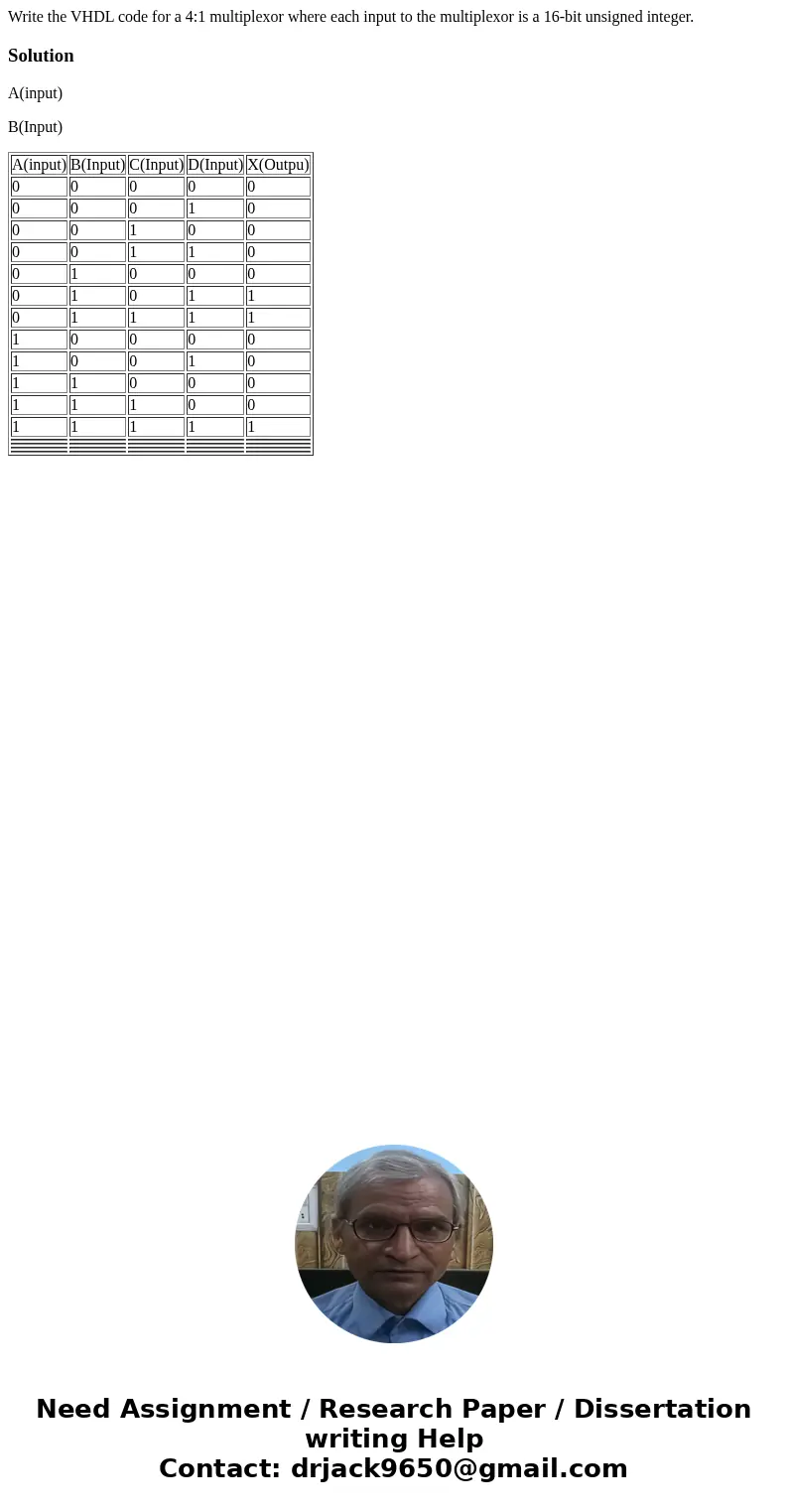 Write the VHDL code for a 4:1 multiplexor where each input to the multiplexor is a 16-bit unsigned integer. SolutionA(input) B(Input) A(input) B(Input) C(Input  Write the VHDL code for a 4:1 multiplexor where each input to the multiplexor is a 16-bit unsigned integer. SolutionA(input) B(Input) A(input) B(Input) C(Input