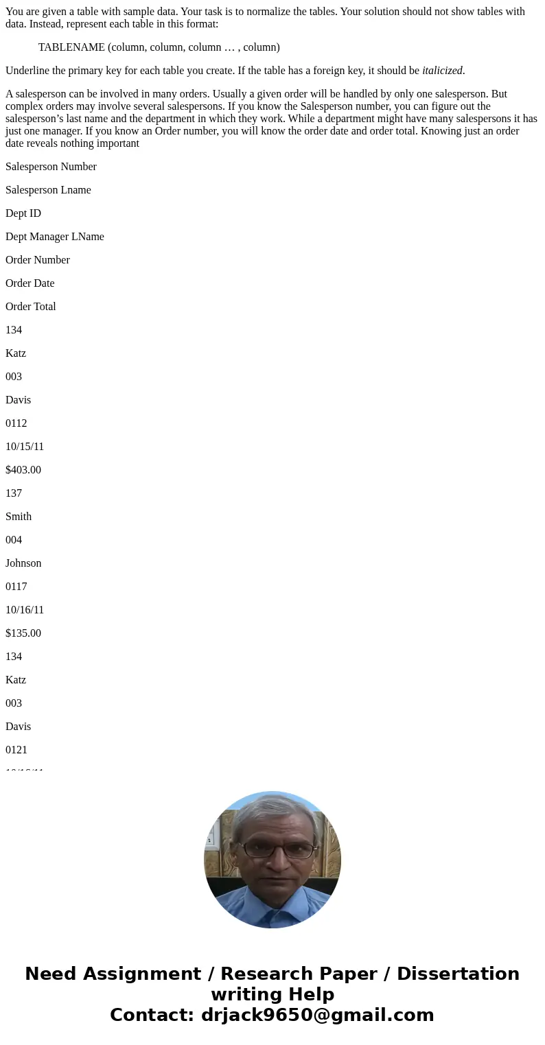 You are given a table with sample data. Your task is to normalize the tables. Your solution should not show tables with data. Instead, represent each table in t You are given a table with sample data. Your task is to normalize the tables. Your solution should not show tables with data. Instead, represent each table in t