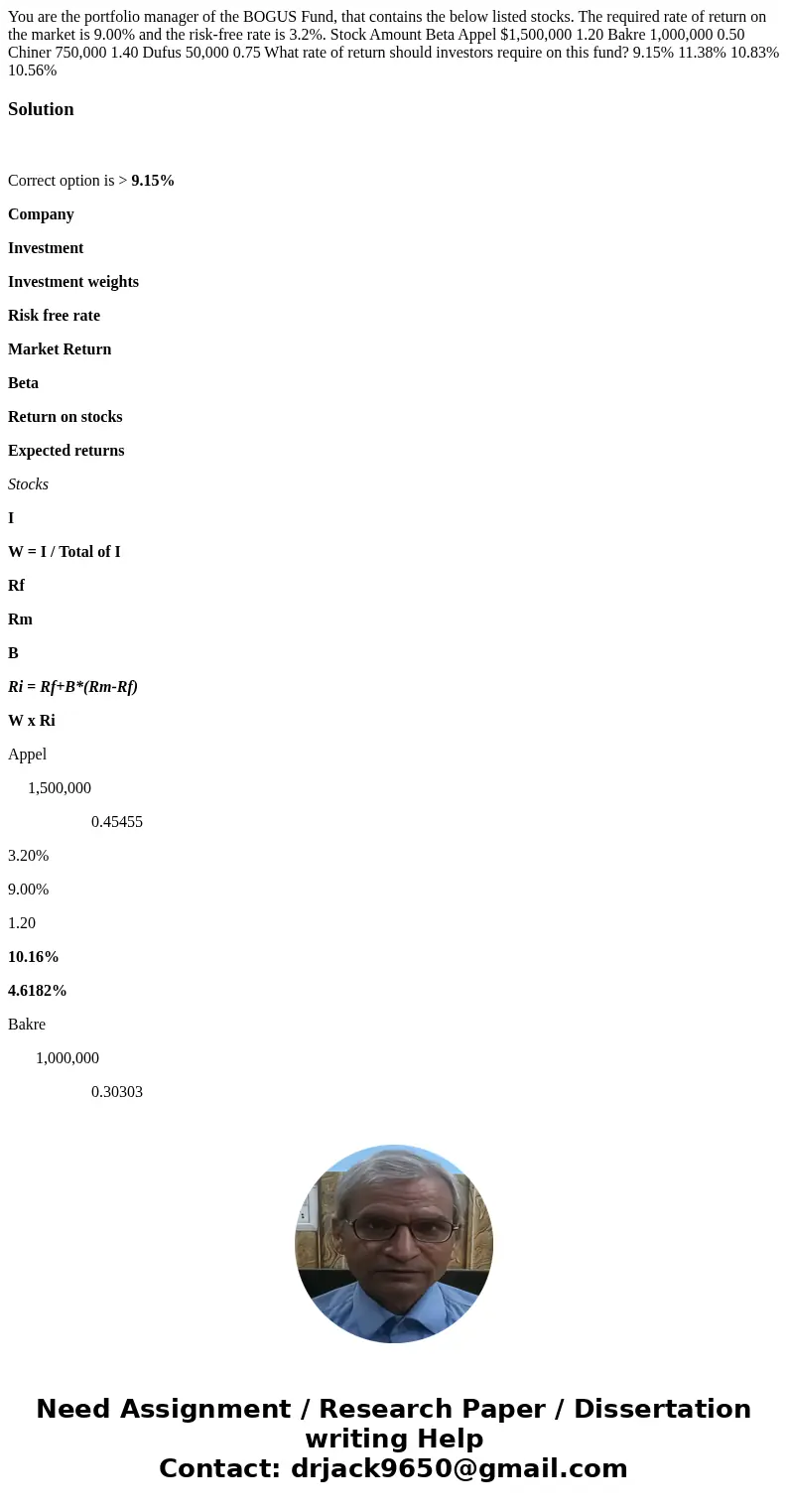 You are the portfolio manager of the BOGUS Fund, that contains the below listed stocks. The required rate of return on the market is 9.00% and the risk-free rat