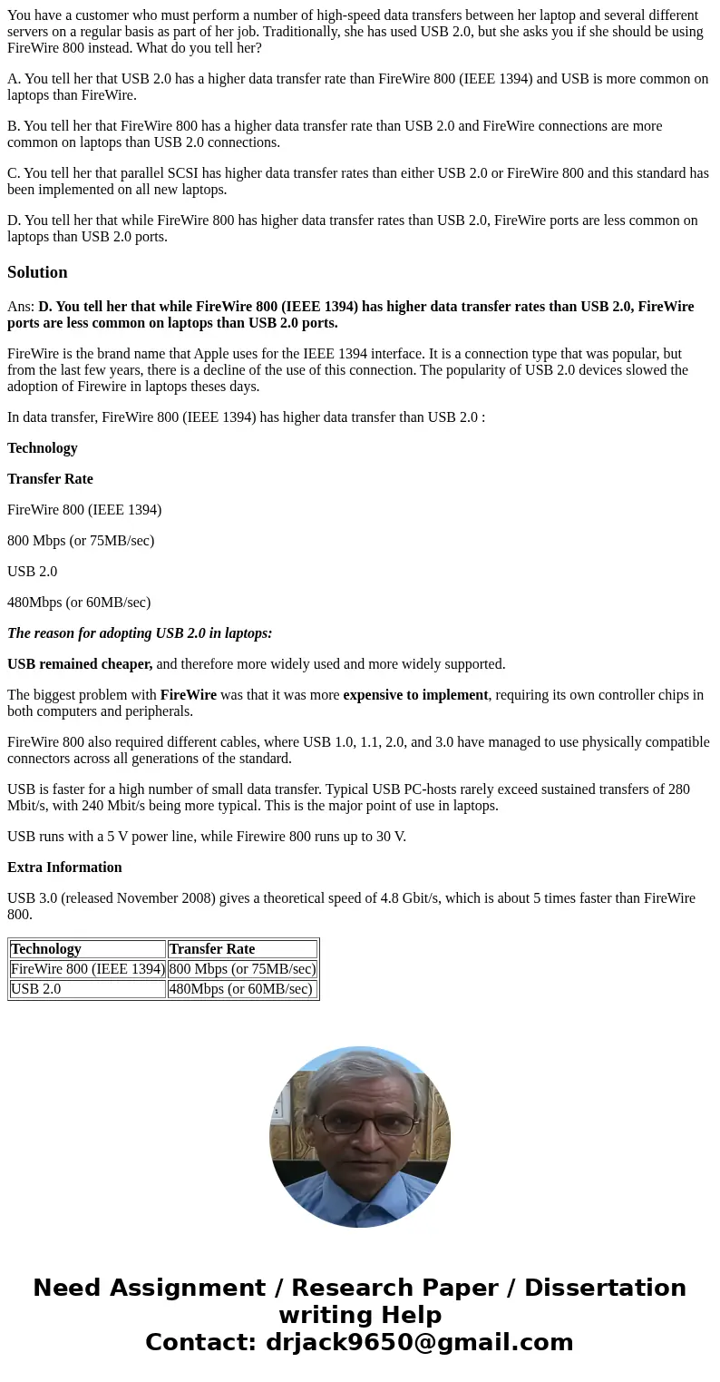 You have a customer who must perform a number of high-speed data transfers between her laptop and several different servers on a regular basis as part of her jo