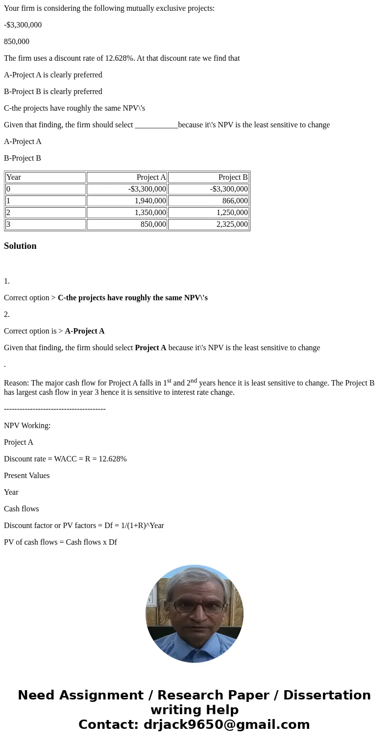 Your firm is considering the following mutually exclusive projects: -$3,300,000 850,000 The firm uses a discount rate of 12.628%. At that discount rate we find 