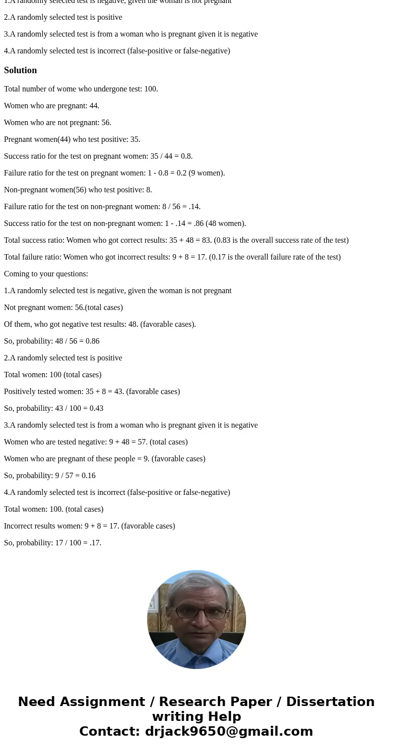 100 women use a new pregnancy test, 44 of the women are actually pregnant. Of the women who are pregnant, 35 test positive. Of the women who are not pregnant, 8 100 women use a new pregnancy test, 44 of the women are actually pregnant. Of the women who are pregnant, 35 test positive. Of the women who are not pregnant, 8