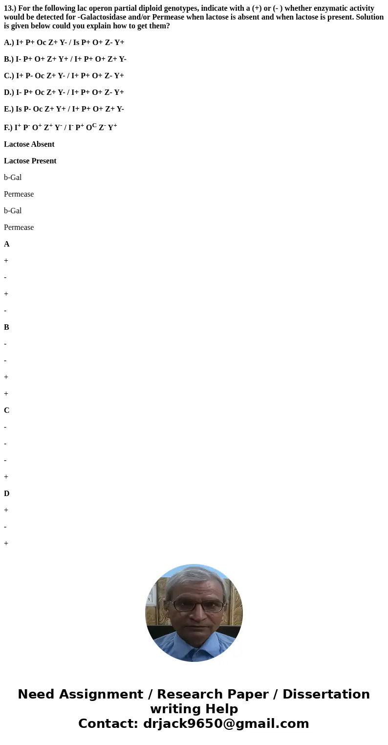 13.) For the following lac operon partial diploid genotypes, indicate with a (+) or (- ) whether enzymatic activity would be detected for -Galactosidase and/or 