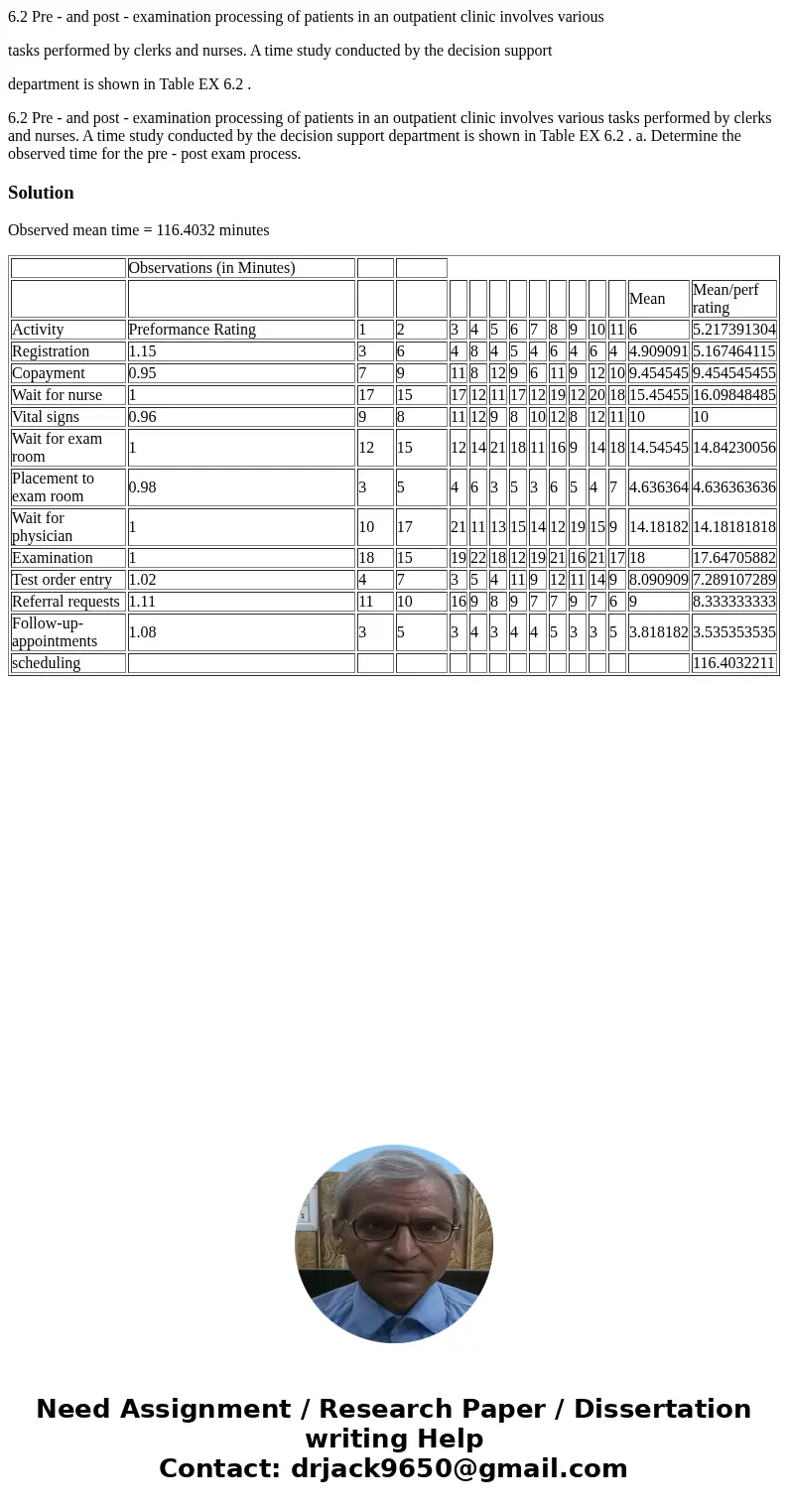 6.2 Pre - and post - examination processing of patients in an outpatient clinic involves various tasks performed by clerks and nurses. A time study conducted by