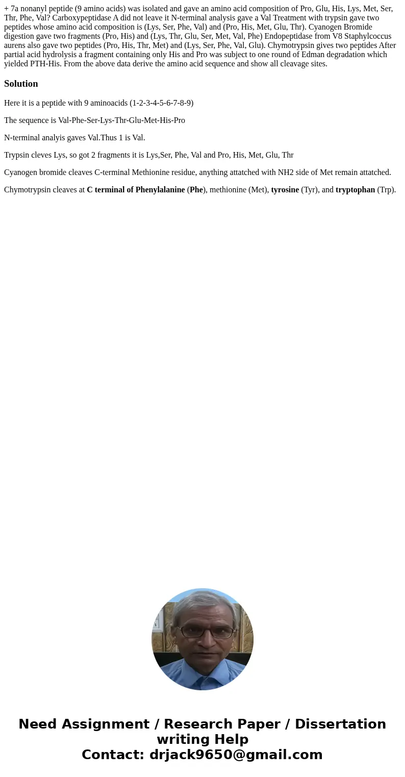 + 7a nonanyl peptide (9 amino acids) was isolated and gave an amino acid composition of Pro, Glu, His, Lys, Met, Ser, Thr, Phe, Val? Carboxypeptidase A did not  + 7a nonanyl peptide (9 amino acids) was isolated and gave an amino acid composition of Pro, Glu, His, Lys, Met, Ser, Thr, Phe, Val? Carboxypeptidase A did not