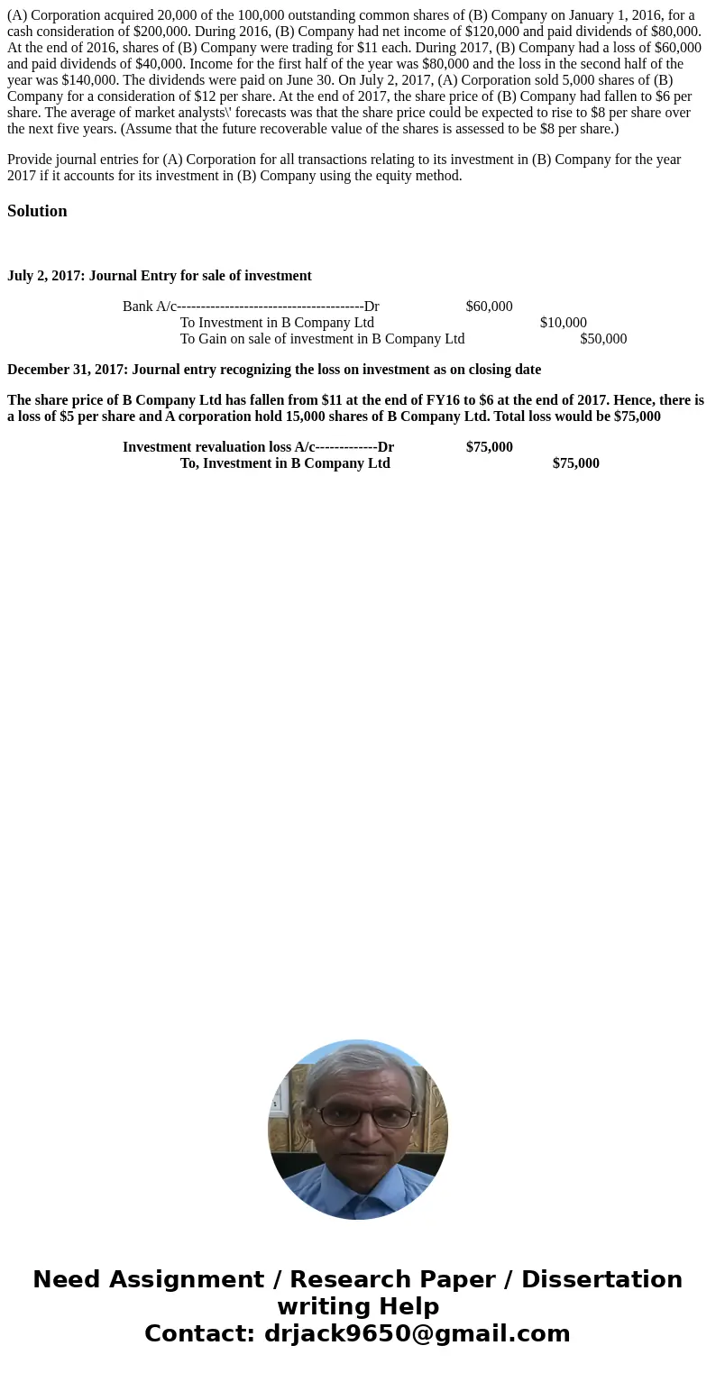 (A) Corporation acquired 20,000 of the 100,000 outstanding common shares of (B) Company on January 1, 2016, for a cash consideration of $200,000. During 2016, ( (A) Corporation acquired 20,000 of the 100,000 outstanding common shares of (B) Company on January 1, 2016, for a cash consideration of $200,000. During 2016, (