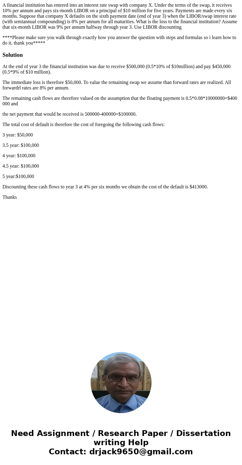 A financial institution has entered into an interest rate swap with company X. Under the terms of the swap, it receives 10% per annum and pays six-month LIBOR o A financial institution has entered into an interest rate swap with company X. Under the terms of the swap, it receives 10% per annum and pays six-month LIBOR o