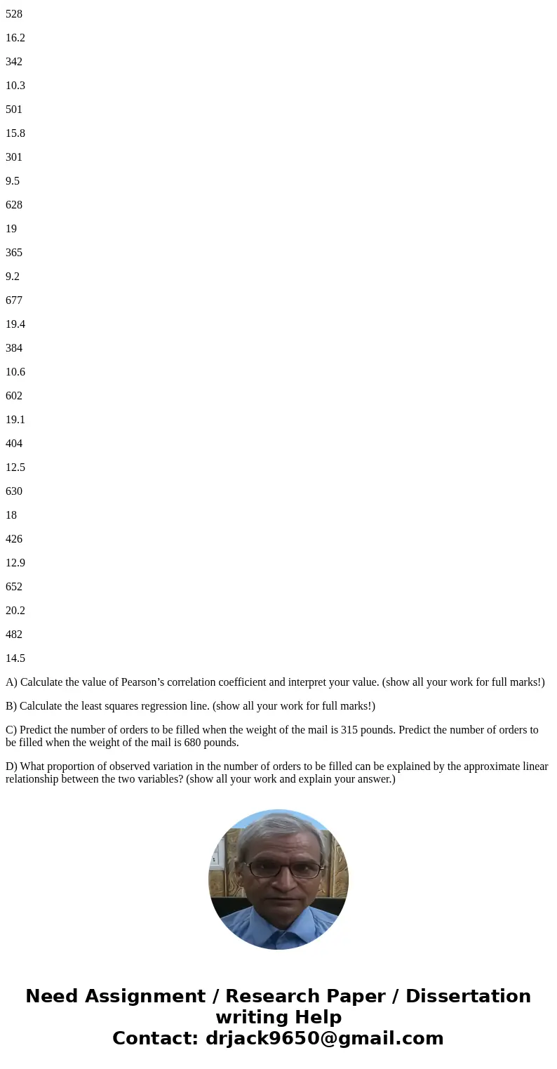 A large mail-order house believes that there is an association between the weight of the mail it receives and the number of orders to be filled. It would like t A large mail-order house believes that there is an association between the weight of the mail it receives and the number of orders to be filled. It would like t