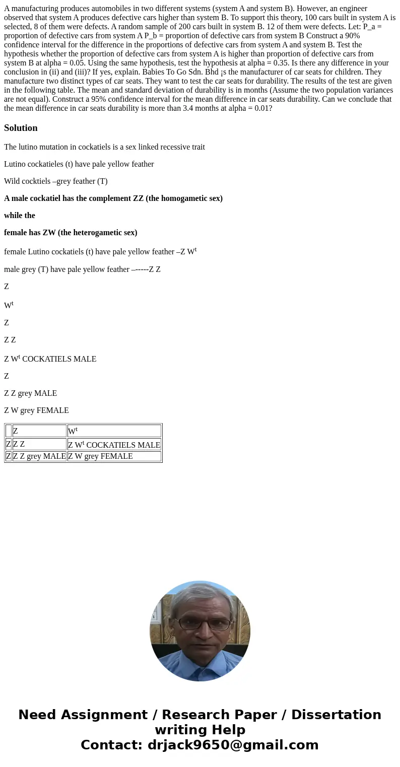 A manufacturing produces automobiles in two different systems (system A and system B). However, an engineer observed that system A produces defective cars high  A manufacturing produces automobiles in two different systems (system A and system B). However, an engineer observed that system A produces defective cars high