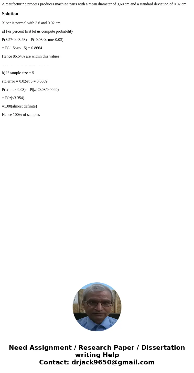 A maufacturing process produces machine parts with a mean diameter of 3,60 cm and a standard deviation of 0.02 cm.SolutionX bar is normal with 3.6 and 0.02 cm   A maufacturing process produces machine parts with a mean diameter of 3,60 cm and a standard deviation of 0.02 cm.SolutionX bar is normal with 3.6 and 0.02 cm