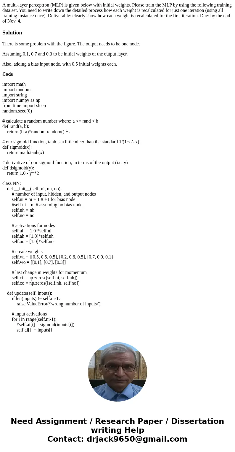 A multi-layer perceptron (MLP) is given below with initial weights. Please train the MLP by using the following training data set. You need to write down the d  A multi-layer perceptron (MLP) is given below with initial weights. Please train the MLP by using the following training data set. You need to write down the d