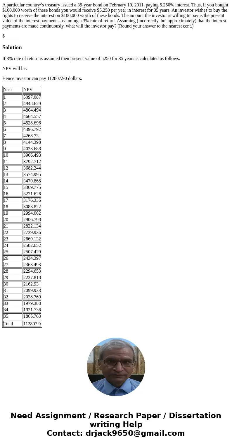 A particular country\'s treasury issued a 35-year bond on February 10, 2011, paying 5.250% interest. Thus, if you bought $100,000 worth of these bonds you would A particular country\'s treasury issued a 35-year bond on February 10, 2011, paying 5.250% interest. Thus, if you bought $100,000 worth of these bonds you would