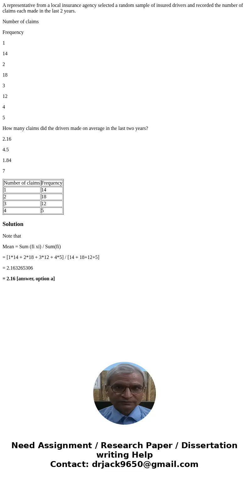 A representative from a local insurance agency selected a random sample of insured drivers and recorded the number of claims each made in the last 2 years. Numb A representative from a local insurance agency selected a random sample of insured drivers and recorded the number of claims each made in the last 2 years. Numb