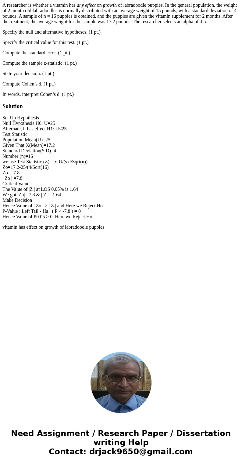 A researcher is whether a vitamin has any effect on growth of labradoodle puppies. In the general population, the weight of 2 month old labradoodles is normally