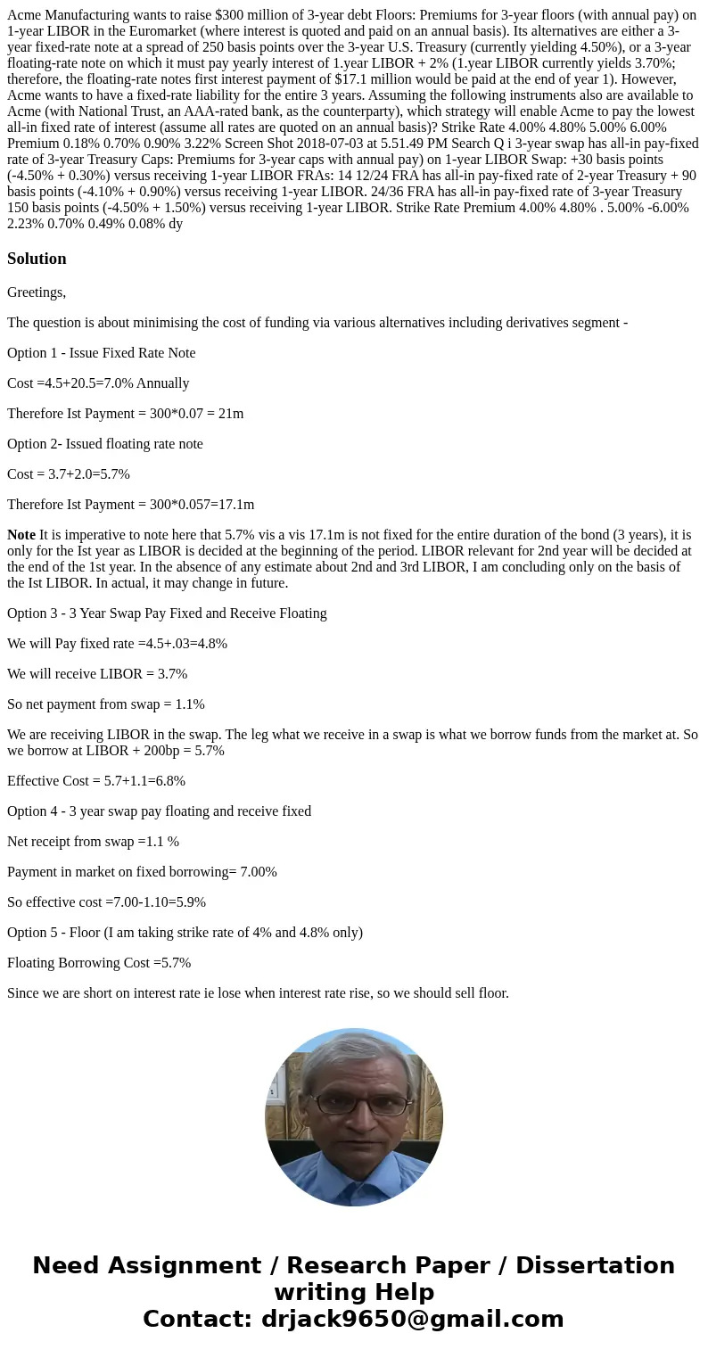 Acme Manufacturing wants to raise $300 million of 3-year debt Floors: Premiums for 3-year floors (with annual pay) on 1-year LIBOR in the Euromarket (where int  Acme Manufacturing wants to raise $300 million of 3-year debt Floors: Premiums for 3-year floors (with annual pay) on 1-year LIBOR in the Euromarket (where int