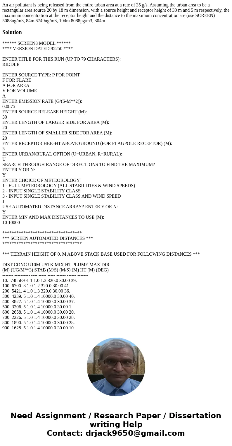 An air pollutant is being released from the entire urban area at a rate of 35 g/s. Assuming the urban area to be a rectangular area source 20 by 18 m dimension  An air pollutant is being released from the entire urban area at a rate of 35 g/s. Assuming the urban area to be a rectangular area source 20 by 18 m dimension