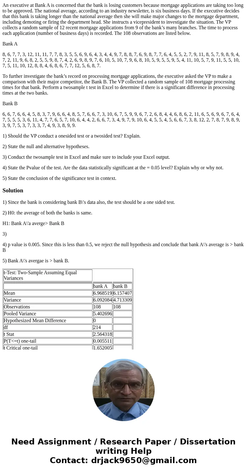 An executive at Bank A is concerned that the bank is losing customers because mortgage applications are taking too long to be approved. The national average, ac