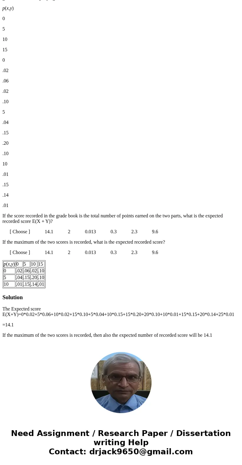 An instructor has given a short test consisting of two parts. For a randomly selected student, let X = the number of points earned on the first part and Y = the An instructor has given a short test consisting of two parts. For a randomly selected student, let X = the number of points earned on the first part and Y = the