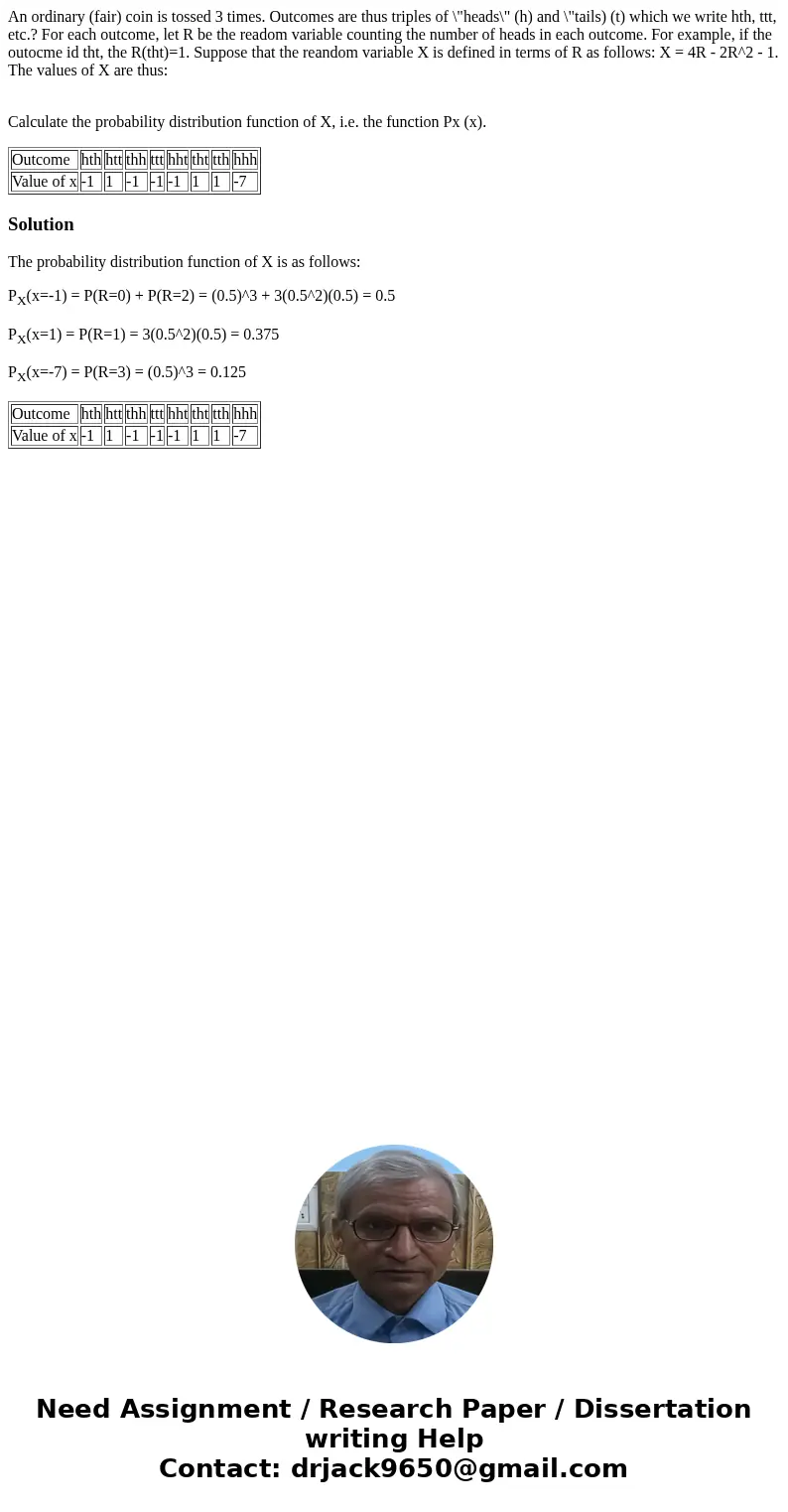 An ordinary (fair) coin is tossed 3 times. Outcomes are thus triples of \ An ordinary (fair) coin is tossed 3 times. Outcomes are thus triples of \