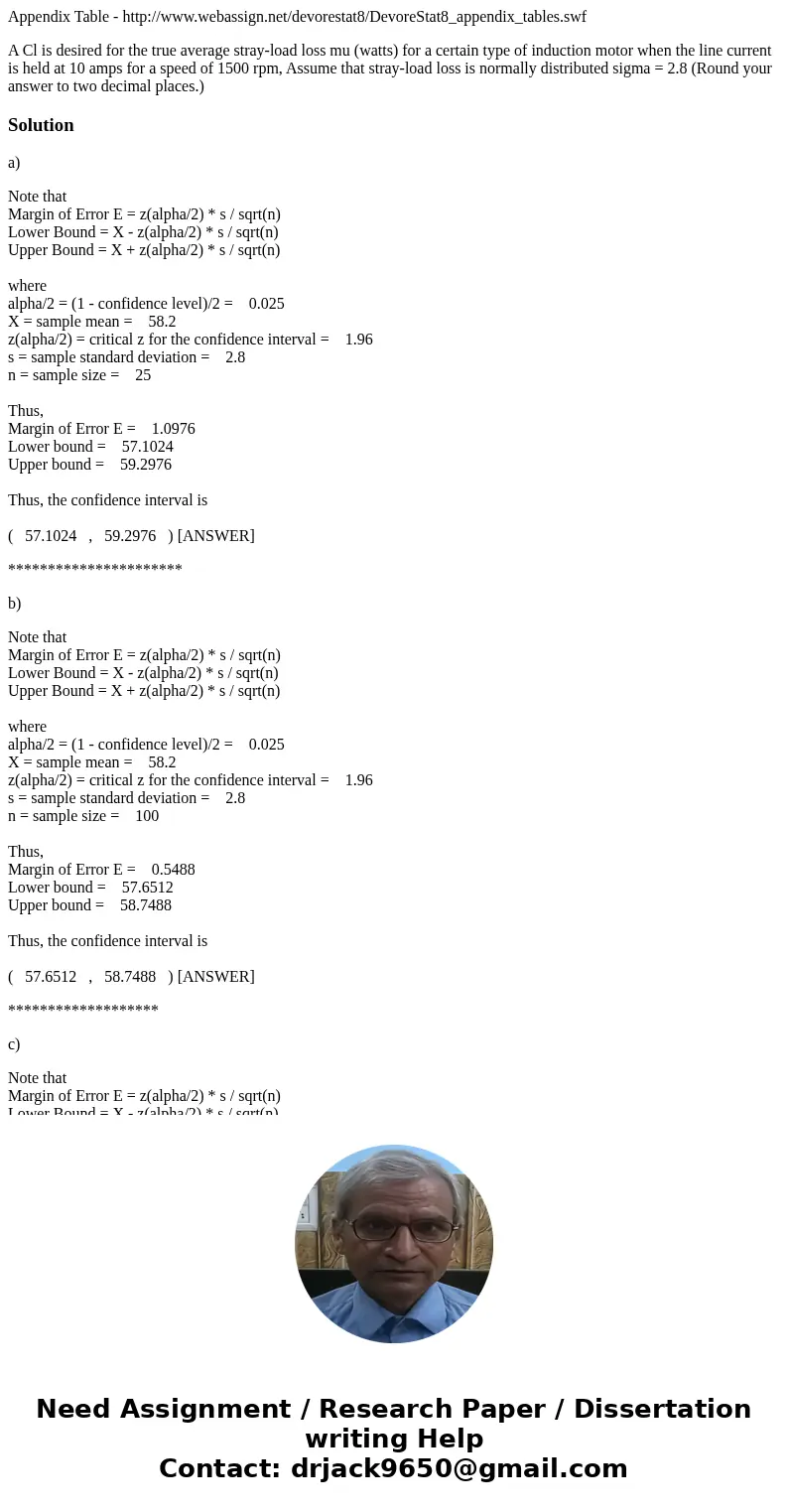 Appendix Table - http://www.webassign.net/devorestat8/DevoreStat8_appendix_tables.swf A Cl is desired for the true average stray-load loss mu (watts) for a cert