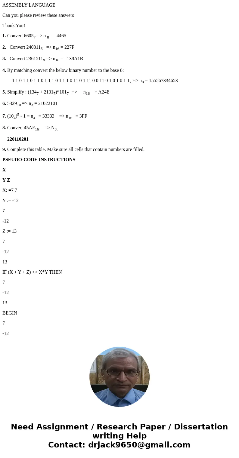 ASSEMBLY LANGUAGE Can you please review these answers Thank You! 1. Convert 66057 => n 8 = 4465 2. Convert 2403115 => n16 = 227F 3. Convert 23615119 =>