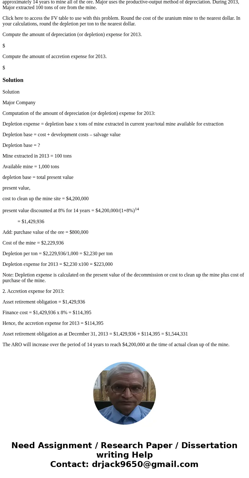 Asset Retirement Obligation On January 1, 2013, Major Company purchased a uranium mine for $800,000. On that date, Major estimated that the mine contained 1,000