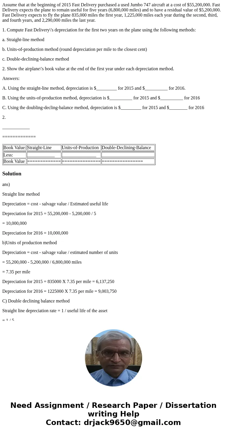 Assume that at the beginning of 2015 Fast Delivery purchased a used Jumbo 747 aircraft at a cost of $55,200,000. Fast Delivery expects the plane to remain usefu Assume that at the beginning of 2015 Fast Delivery purchased a used Jumbo 747 aircraft at a cost of $55,200,000. Fast Delivery expects the plane to remain usefu