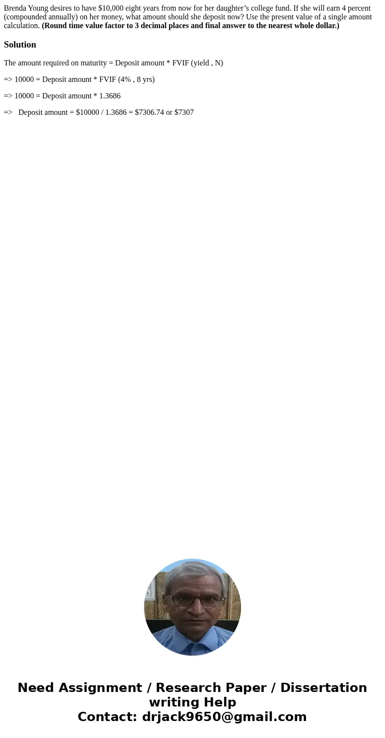 Brenda Young desires to have $10,000 eight years from now for her daughter’s college fund. If she will earn 4 percent (compounded annually) on her money, what a Brenda Young desires to have $10,000 eight years from now for her daughter’s college fund. If she will earn 4 percent (compounded annually) on her money, what a