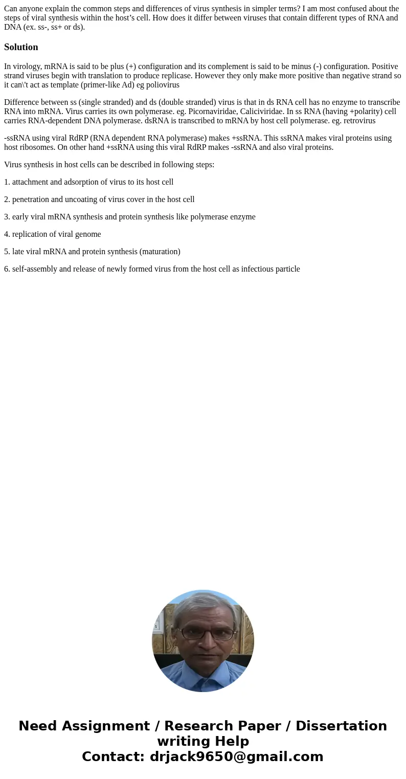 Can anyone explain the common steps and differences of virus synthesis in simpler terms? I am most confused about the steps of viral synthesis within the host’s Can anyone explain the common steps and differences of virus synthesis in simpler terms? I am most confused about the steps of viral synthesis within the host’s