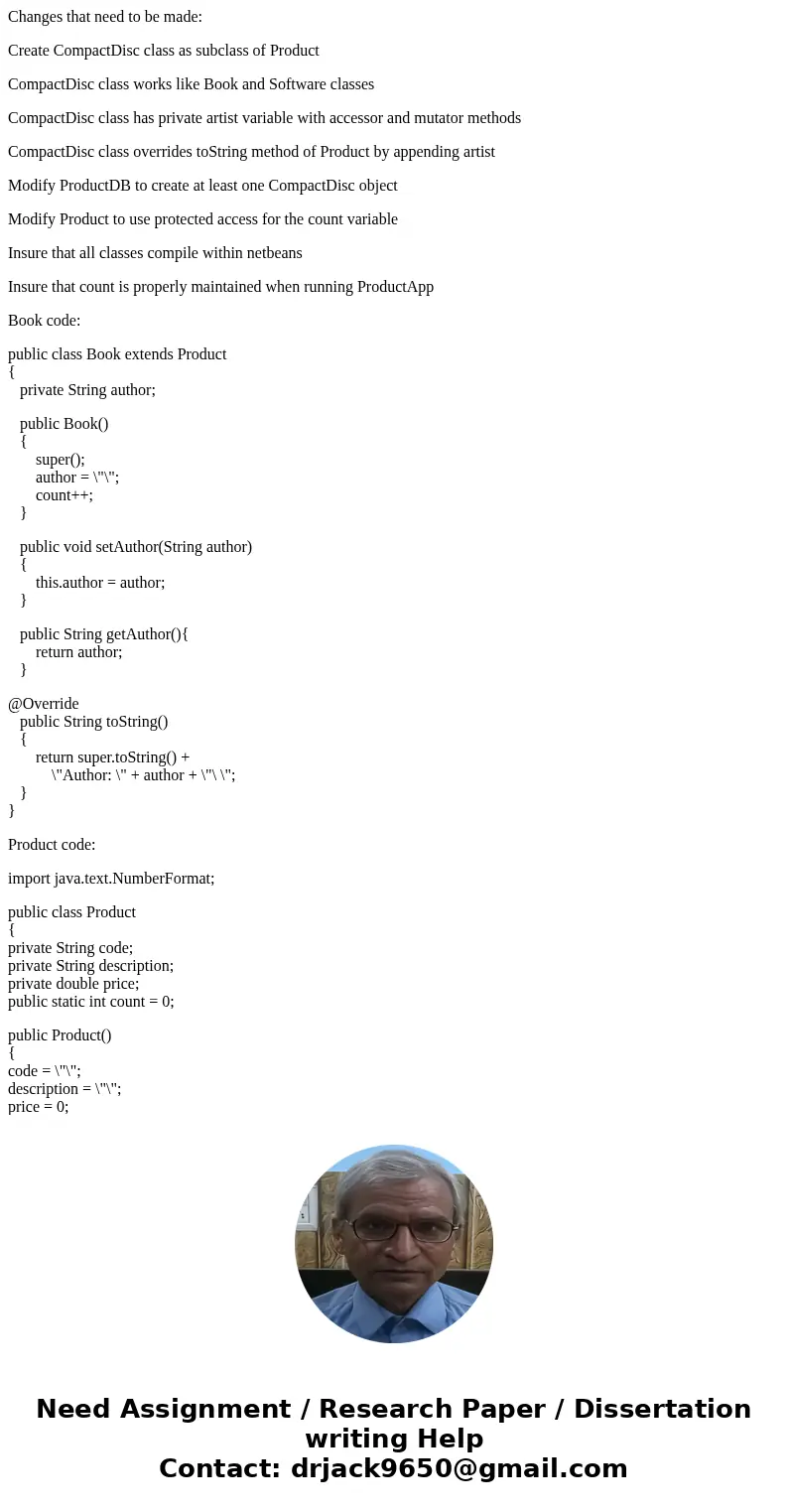 Changes that need to be made: Create CompactDisc class as subclass of Product CompactDisc class works like Book and Software classes CompactDisc class has priva Changes that need to be made: Create CompactDisc class as subclass of Product CompactDisc class works like Book and Software classes CompactDisc class has priva