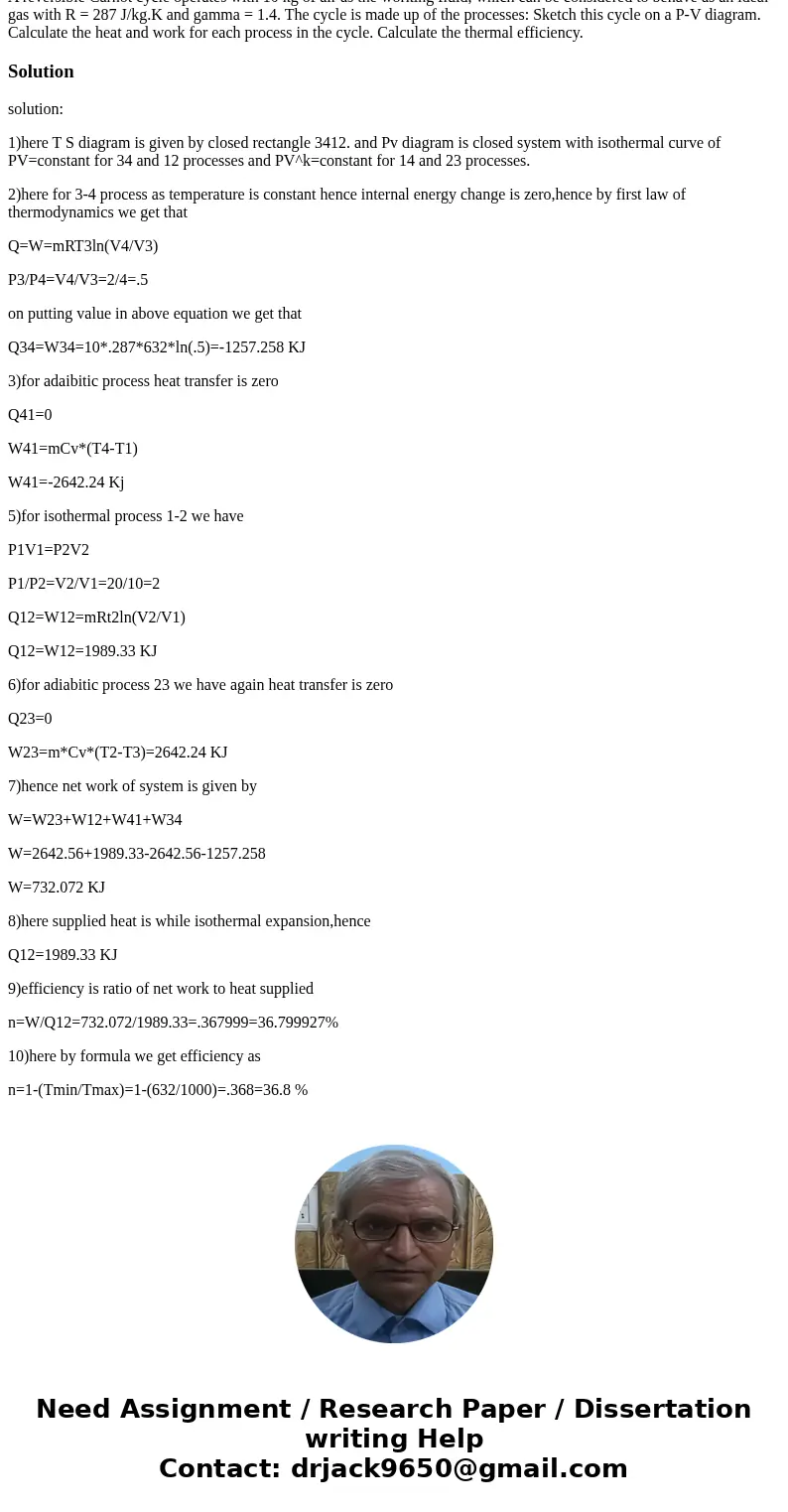 chemical A reversible Carnot cycle operates with 10 kg of air as the working fluid, which can be considered to behave as an ideal gas with R = 287 J/kg.K and ga chemical A reversible Carnot cycle operates with 10 kg of air as the working fluid, which can be considered to behave as an ideal gas with R = 287 J/kg.K and ga