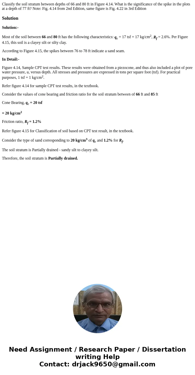  Classify the soil stratum between depths of 66 and 80 ft in Figure 4.14. What is the significance of the spike in the plots at a depth of 77 ft? Note: Fig. 4.1
