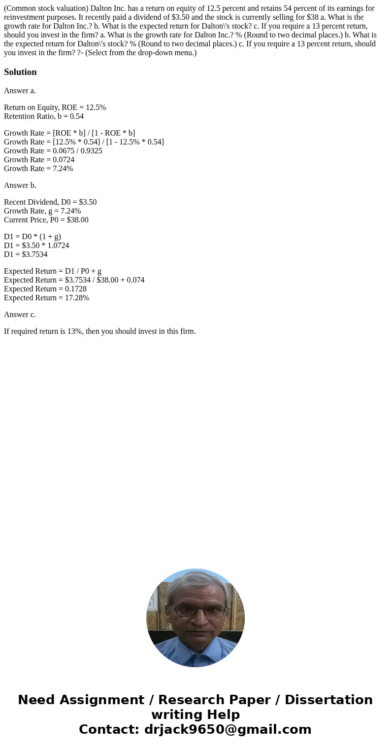 (Common stock valuation) Dalton Inc. has a return on equity of 12.5 percent and retains 54 percent of its earnings for reinvestment purposes. It recently paid   (Common stock valuation) Dalton Inc. has a return on equity of 12.5 percent and retains 54 percent of its earnings for reinvestment purposes. It recently paid