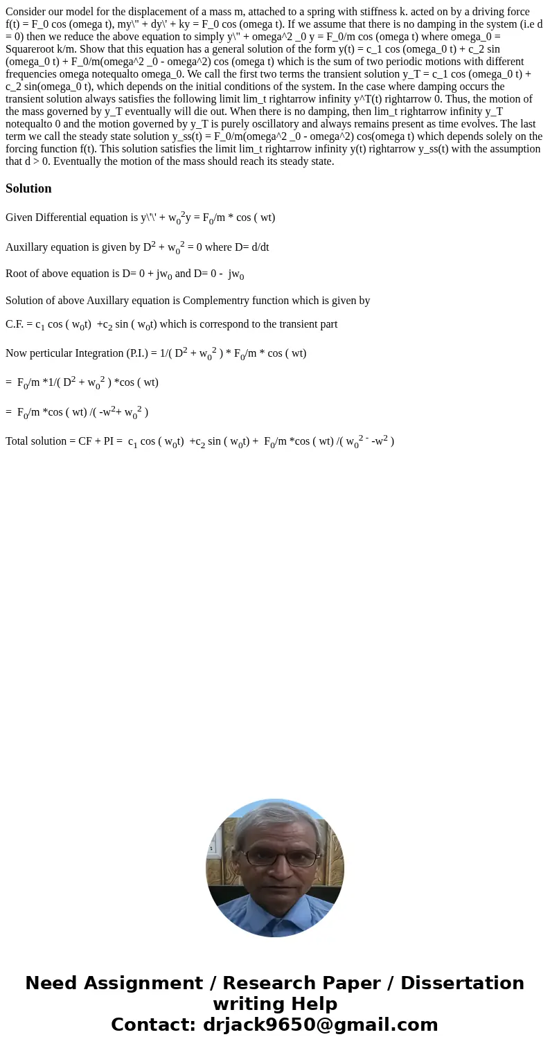 Consider our model for the displacement of a mass m, attached to a spring with stiffness k. acted on by a driving force f(t) = F_0 cos (omega t), my\  Consider our model for the displacement of a mass m, attached to a spring with stiffness k. acted on by a driving force f(t) = F_0 cos (omega t), my\