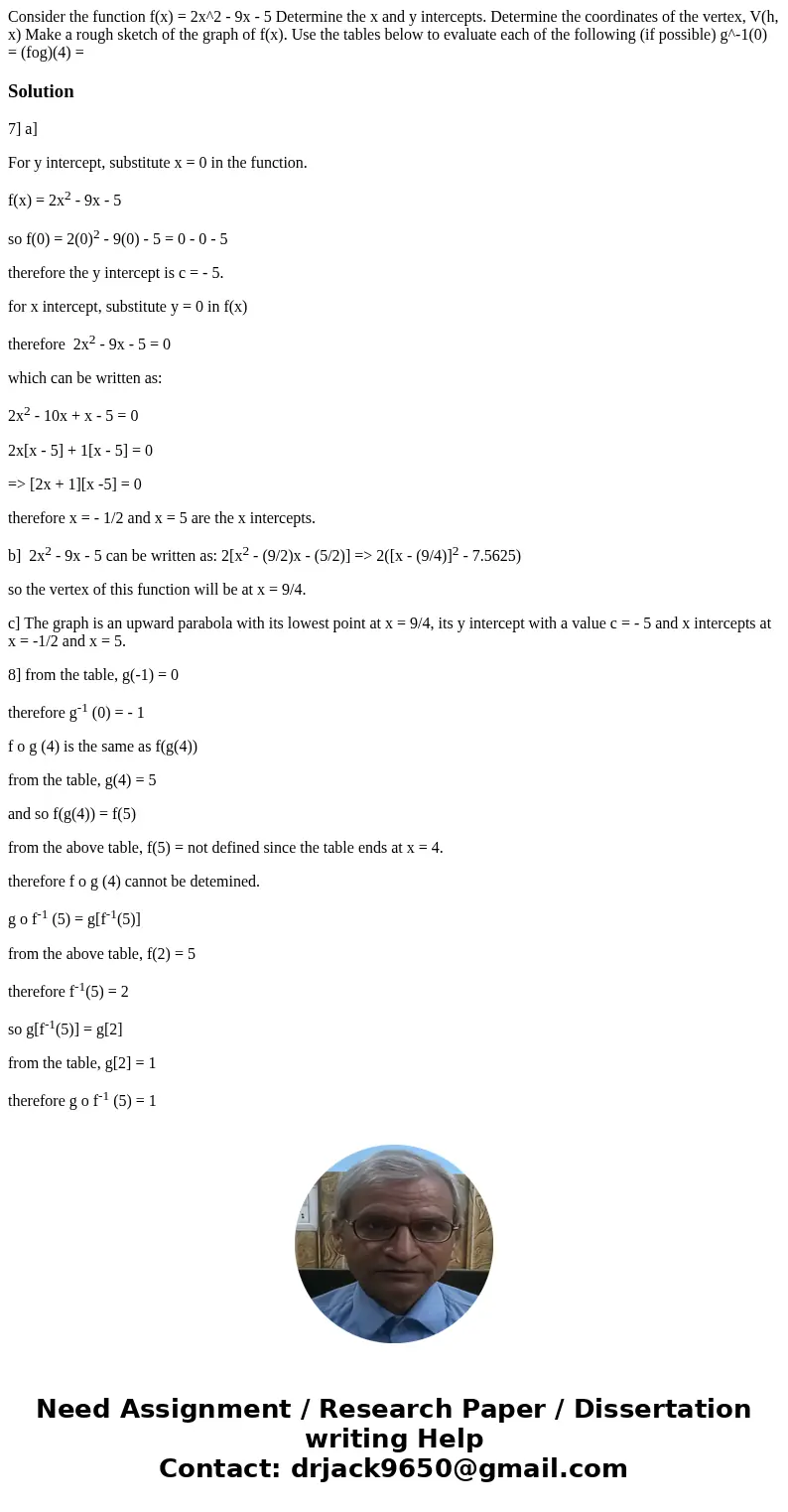 Consider the function f(x) = 2x^2 - 9x - 5 Determine the x and y intercepts. Determine the coordinates of the vertex, V(h, x) Make a rough sketch of the graph   Consider the function f(x) = 2x^2 - 9x - 5 Determine the x and y intercepts. Determine the coordinates of the vertex, V(h, x) Make a rough sketch of the graph