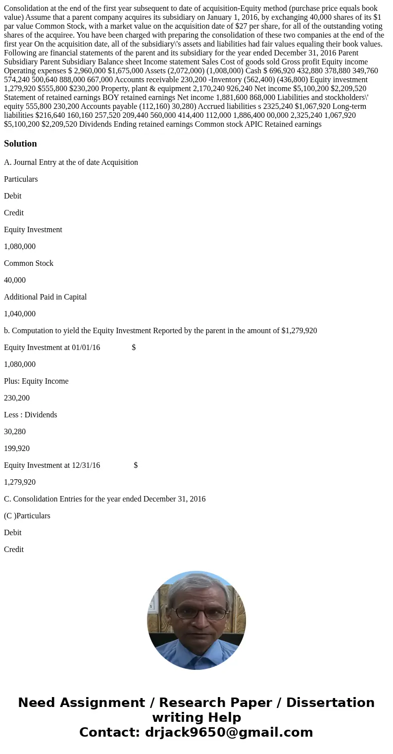  Consolidation at the end of the first year subsequent to date of acquisition-Equity method (purchase price equals book value) Assume that a parent company acqu
