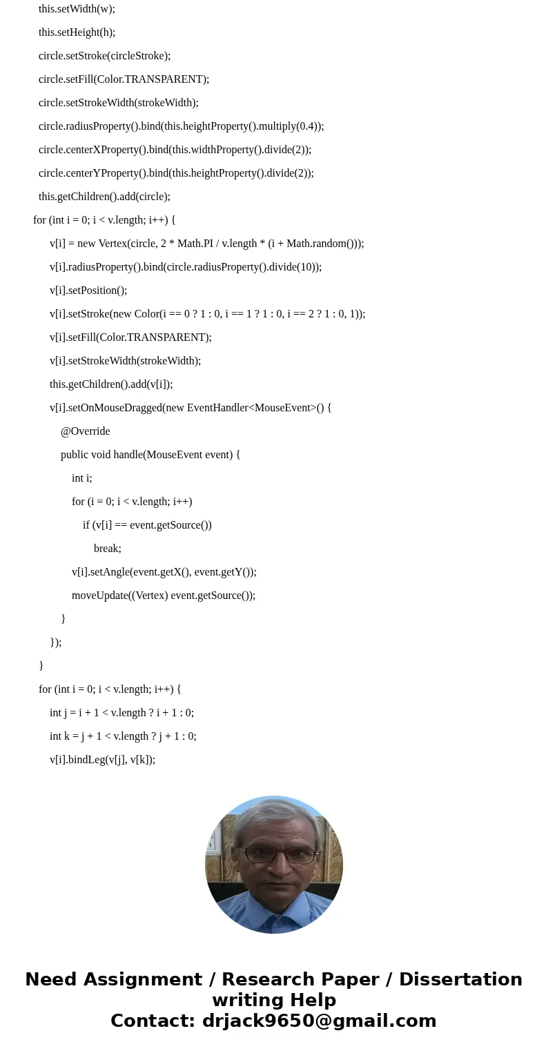 Create a java project that: - Draw a circle with three random initial points on the circle. - Link the points to form a triangle. - Print the angles values in t Create a java project that: - Draw a circle with three random initial points on the circle. - Link the points to form a triangle. - Print the angles values in t