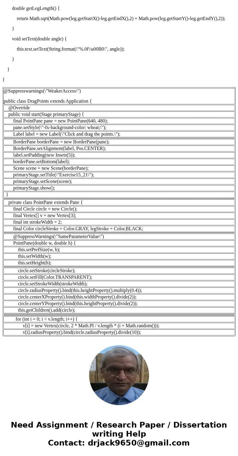 Create a java project that: - Draw a circle with three random initial points on the circle. - Link the points to form a triangle. - Print the angles values in t Create a java project that: - Draw a circle with three random initial points on the circle. - Link the points to form a triangle. - Print the angles values in t