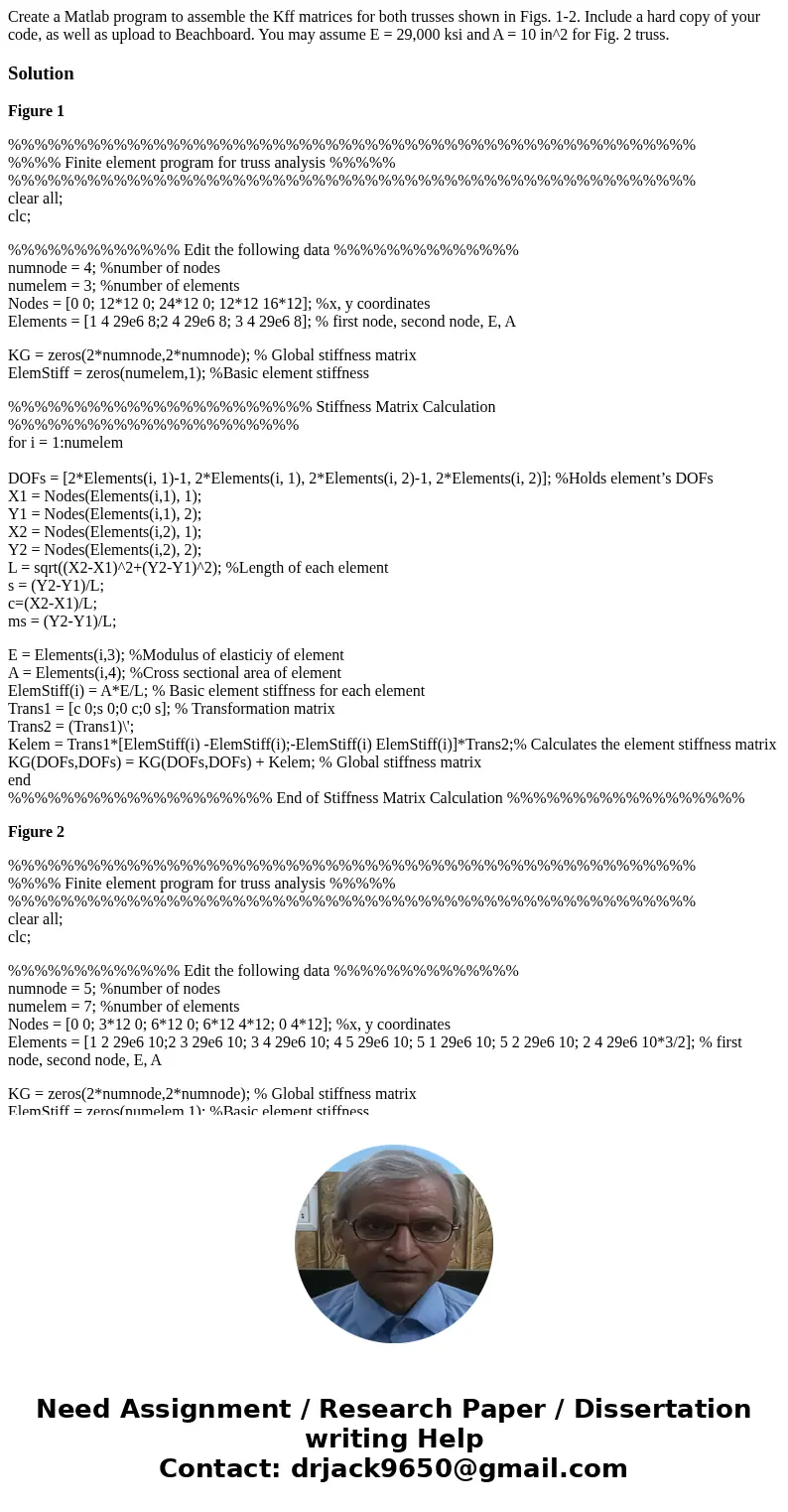 Create a Matlab program to assemble the Kff matrices for both trusses shown in Figs. 1-2. Include a hard copy of your code, as well as upload to Beachboard. Yo  Create a Matlab program to assemble the Kff matrices for both trusses shown in Figs. 1-2. Include a hard copy of your code, as well as upload to Beachboard. Yo