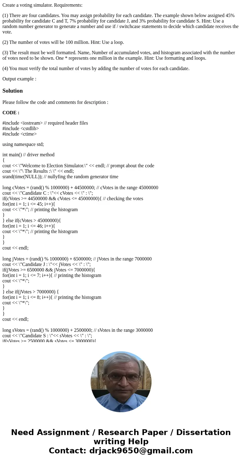 Create a voting simulator. Requirements: (1) There are four candidates. You may assign probability for each candidate. The example shown below assigned 45% prob