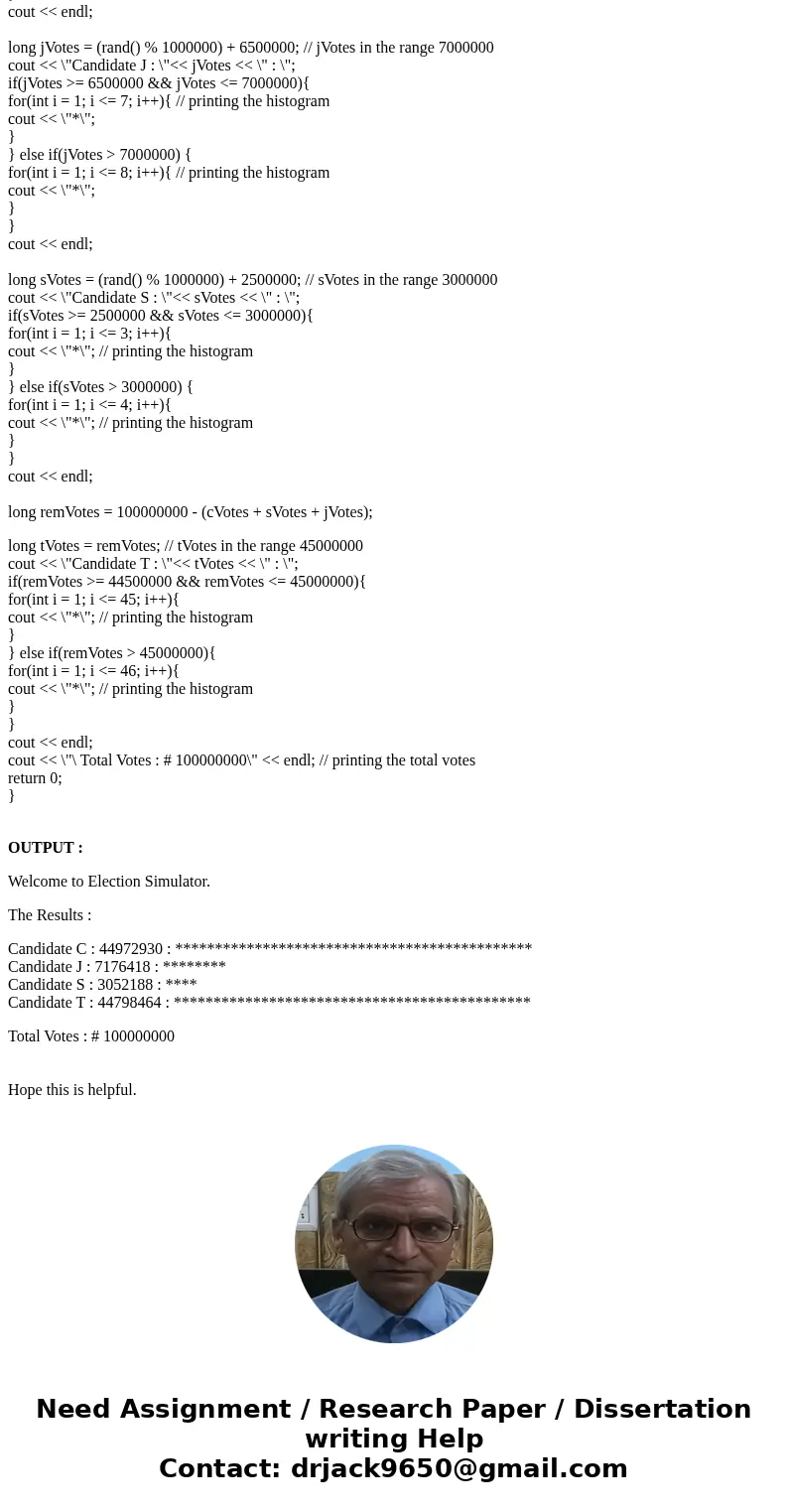 Create a voting simulator. Requirements: (1) There are four candidates. You may assign probability for each candidate. The example shown below assigned 45% prob