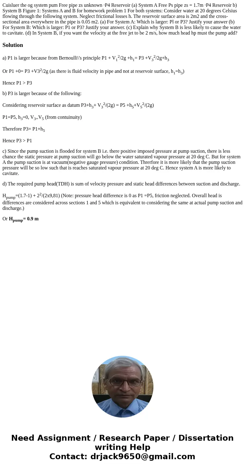  Cuisluer the og system pum Free pipe zs unknown ·P4 Reservoir (a) System A Free Ps pipe zs = 1.7m ·P4 Reservoir b) System B Figure 1: Systems A and B for homew