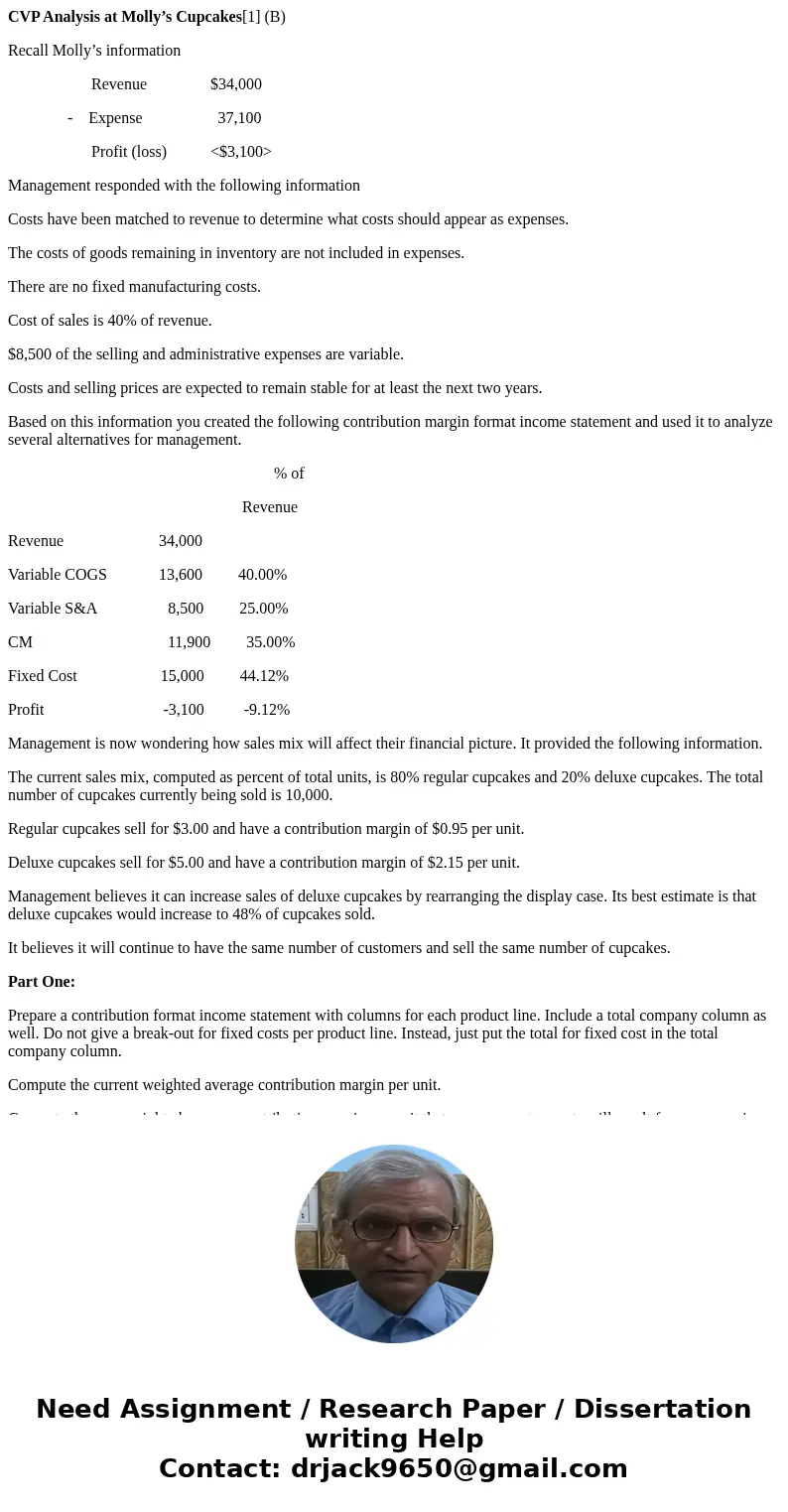 CVP Analysis at Molly’s Cupcakes[1] (B) Recall Molly’s information Revenue $34,000 - Expense 37,100 Profit (loss) <$3,100> Management responded with the f