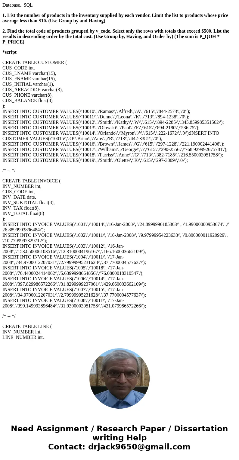 Database.. SQL 1. List the number of products in the inventory supplied by each vendor. Limit the list to products whose price average less than $10. (Use Group