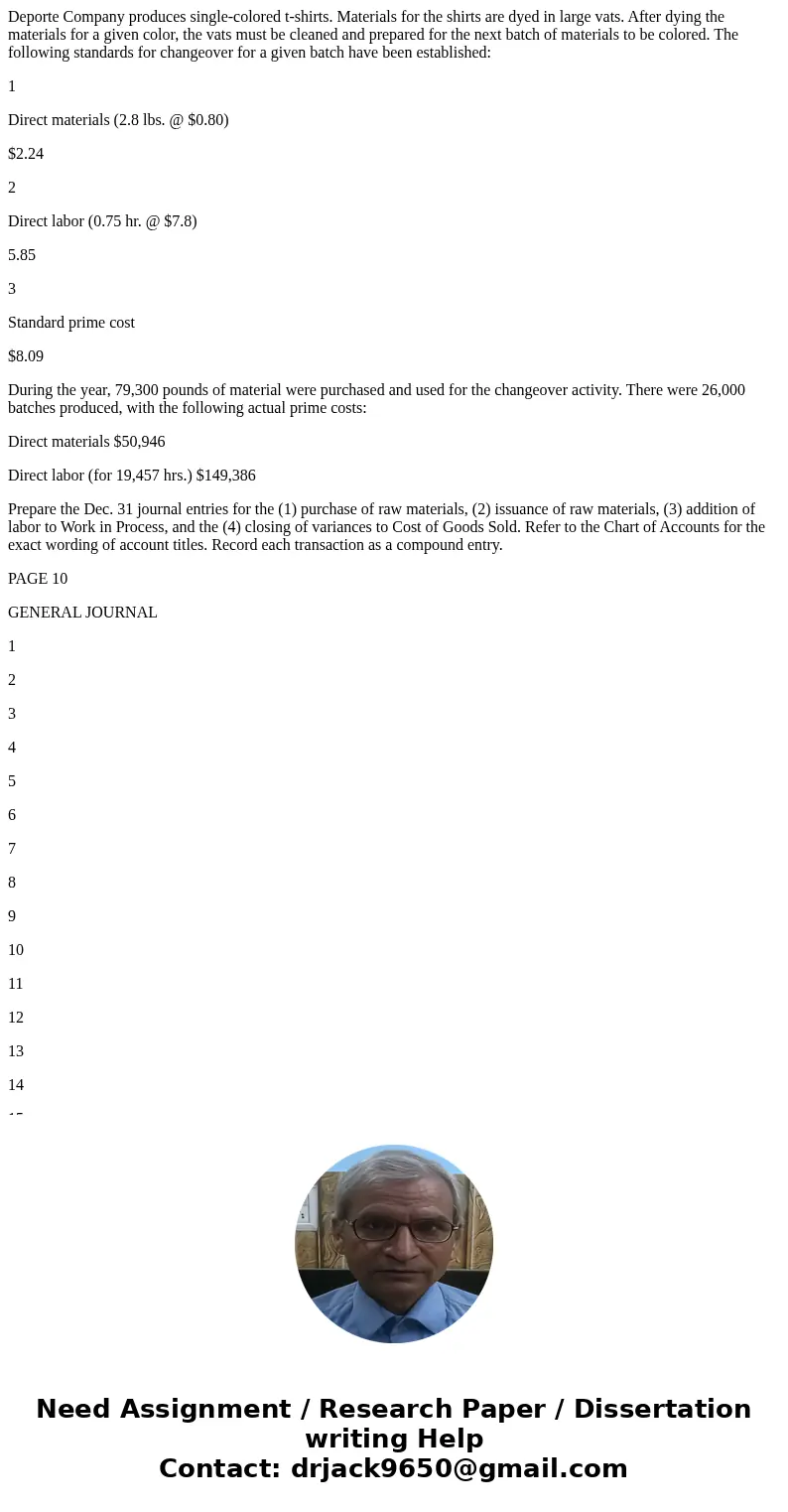 Deporte Company produces single-colored t-shirts. Materials for the shirts are dyed in large vats. After dying the materials for a given color, the vats must be Deporte Company produces single-colored t-shirts. Materials for the shirts are dyed in large vats. After dying the materials for a given color, the vats must be