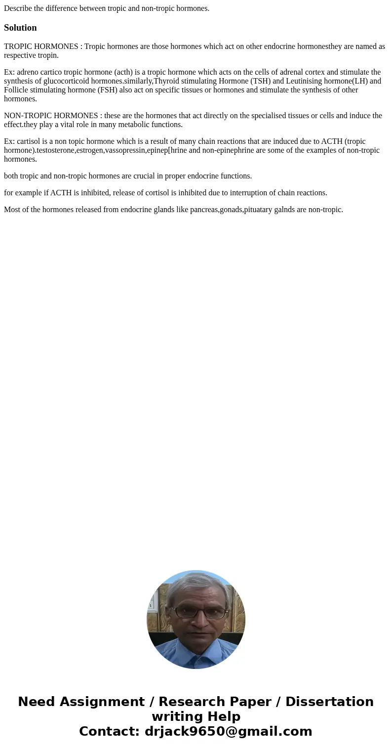 Describe the difference between tropic and non-tropic hormones.SolutionTROPIC HORMONES : Tropic hormones are those hormones which act on other endocrine hormone Describe the difference between tropic and non-tropic hormones.SolutionTROPIC HORMONES : Tropic hormones are those hormones which act on other endocrine hormone