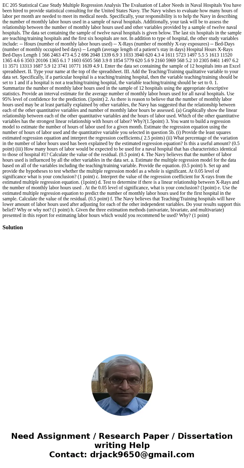 EC 205 Statistical Case Study Multiple Regression Analysis The Evaluation of Labor Needs in Naval Hospitals You have been hired to provide statistical consultin EC 205 Statistical Case Study Multiple Regression Analysis The Evaluation of Labor Needs in Naval Hospitals You have been hired to provide statistical consultin