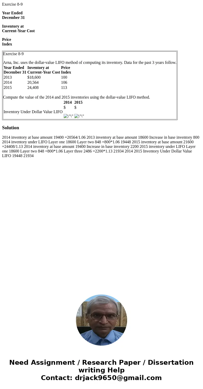 Exercise 8-9 Year Ended December 31 Inventory at Current-Year Cost Price Index Exercise 8-9 Arna, Inc. uses the dollar-value LIFO method of computing its invent
