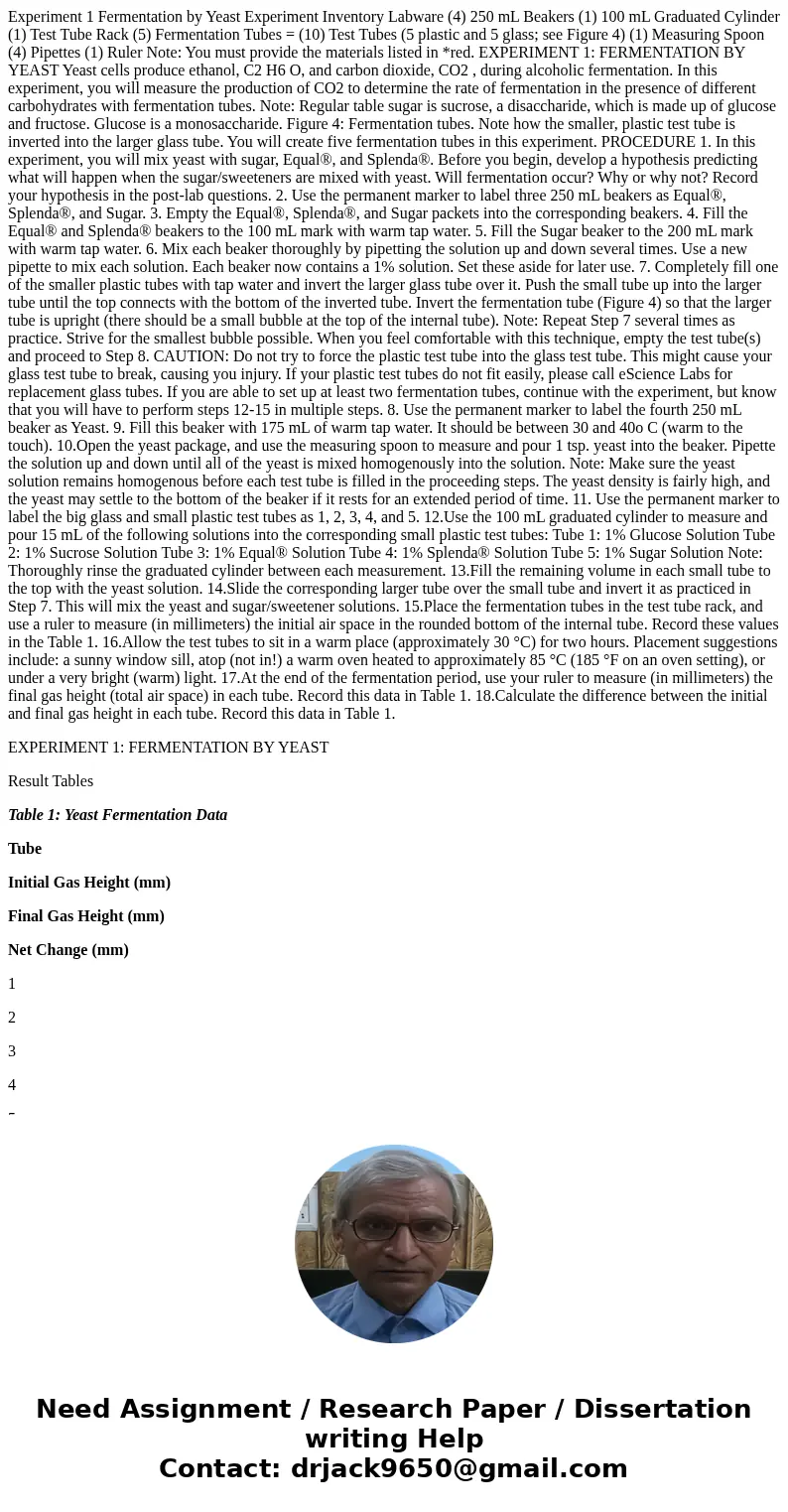 Experiment 1 Fermentation by Yeast Experiment Inventory Labware (4) 250 mL Beakers (1) 100 mL Graduated Cylinder (1) Test Tube Rack (5) Fermentation Tubes = (10